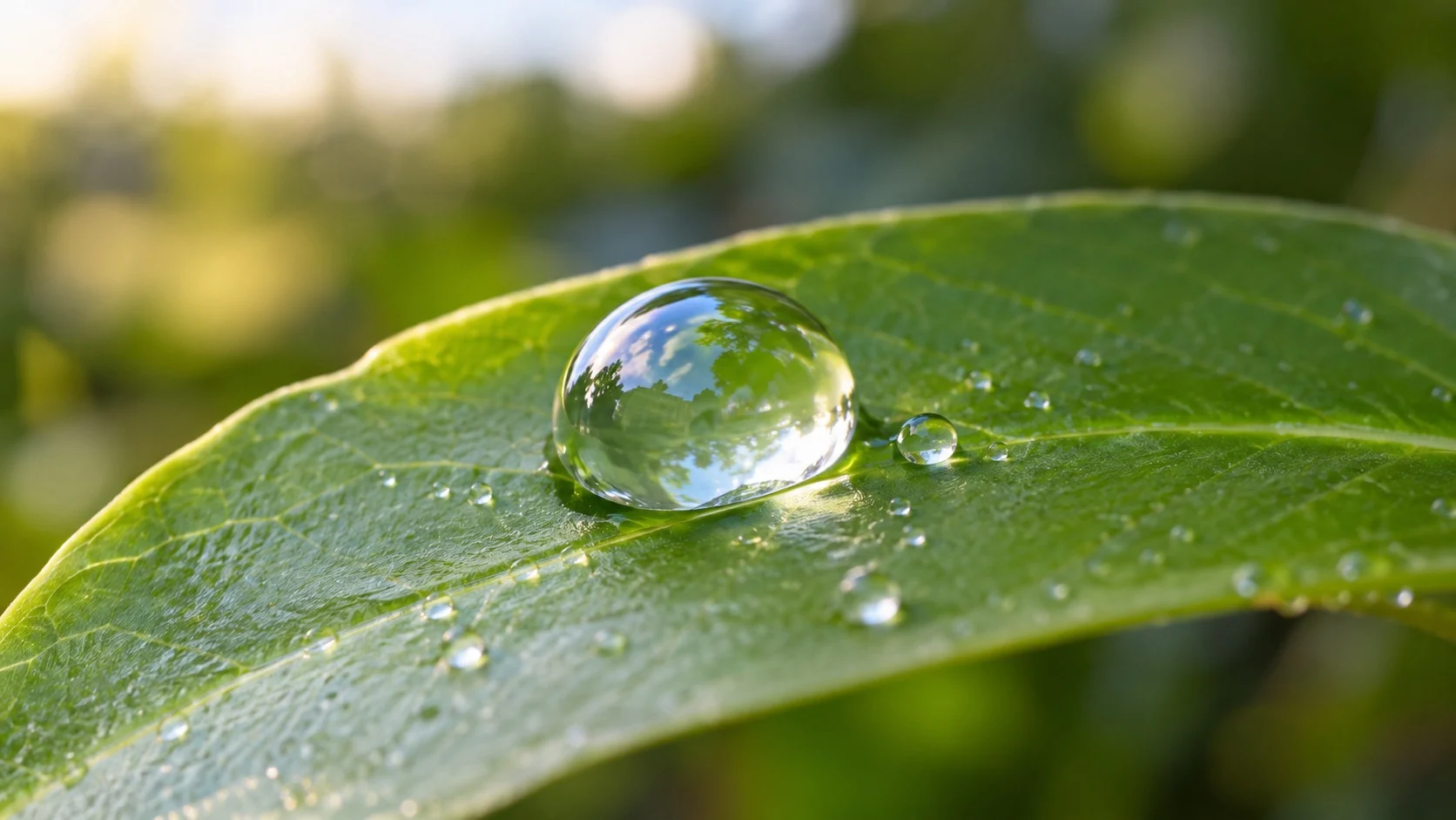 Close-up photo of a single clear, round water droplet resting on a green leaf, with tiny dewdrops scattered around it