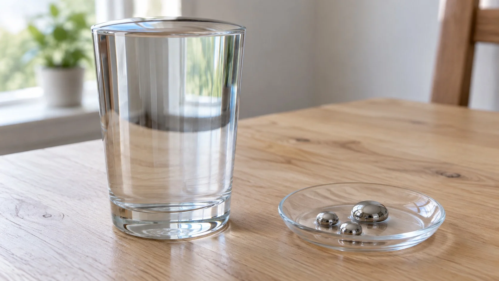 A glass with water bulging above its rim, and beside it round, silvery metal beads sitting on a glass plate