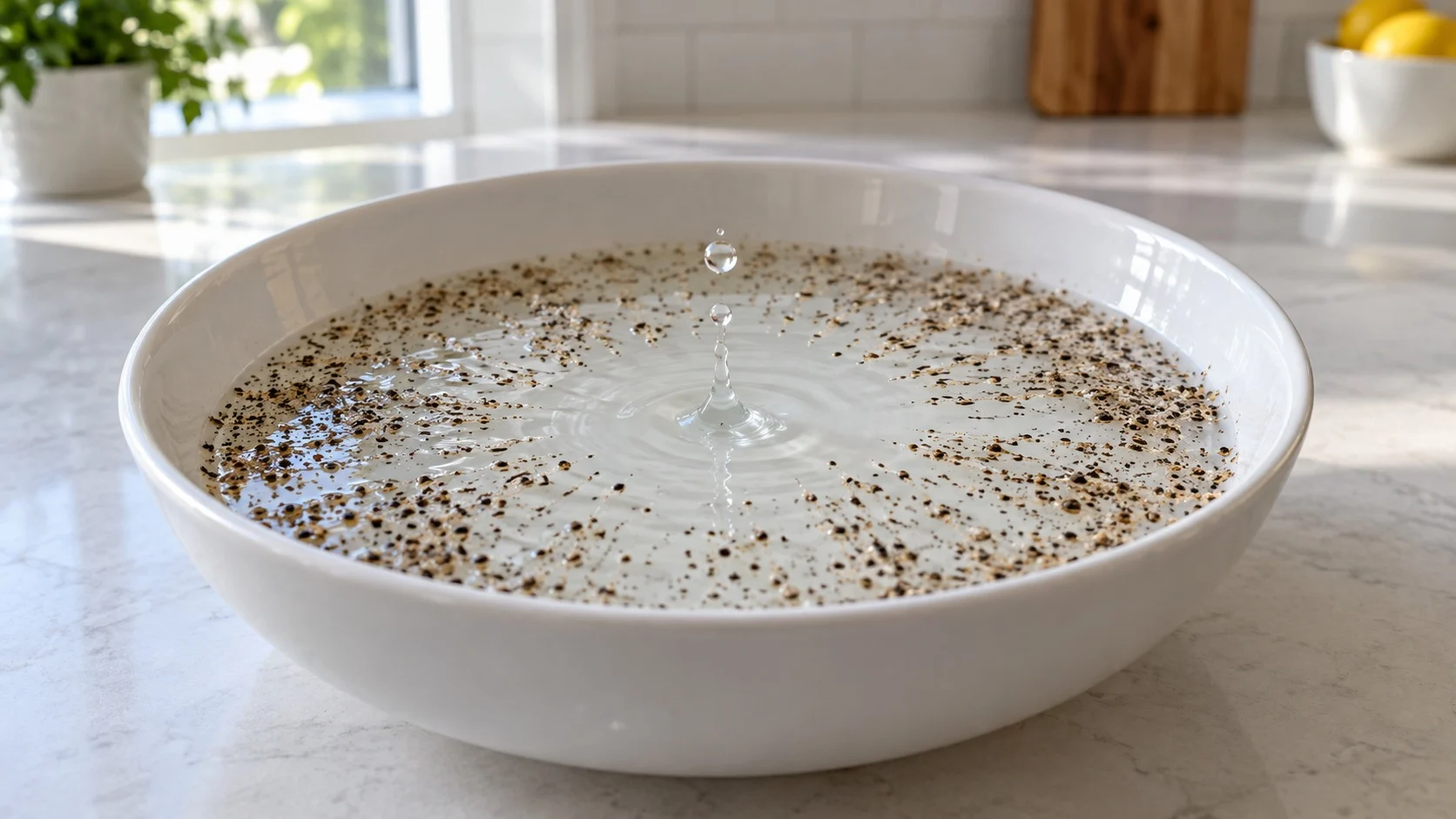 A drop of detergent falling into the center of a white bowl of water sprinkled with pepper, pushing the pepper out toward the edges