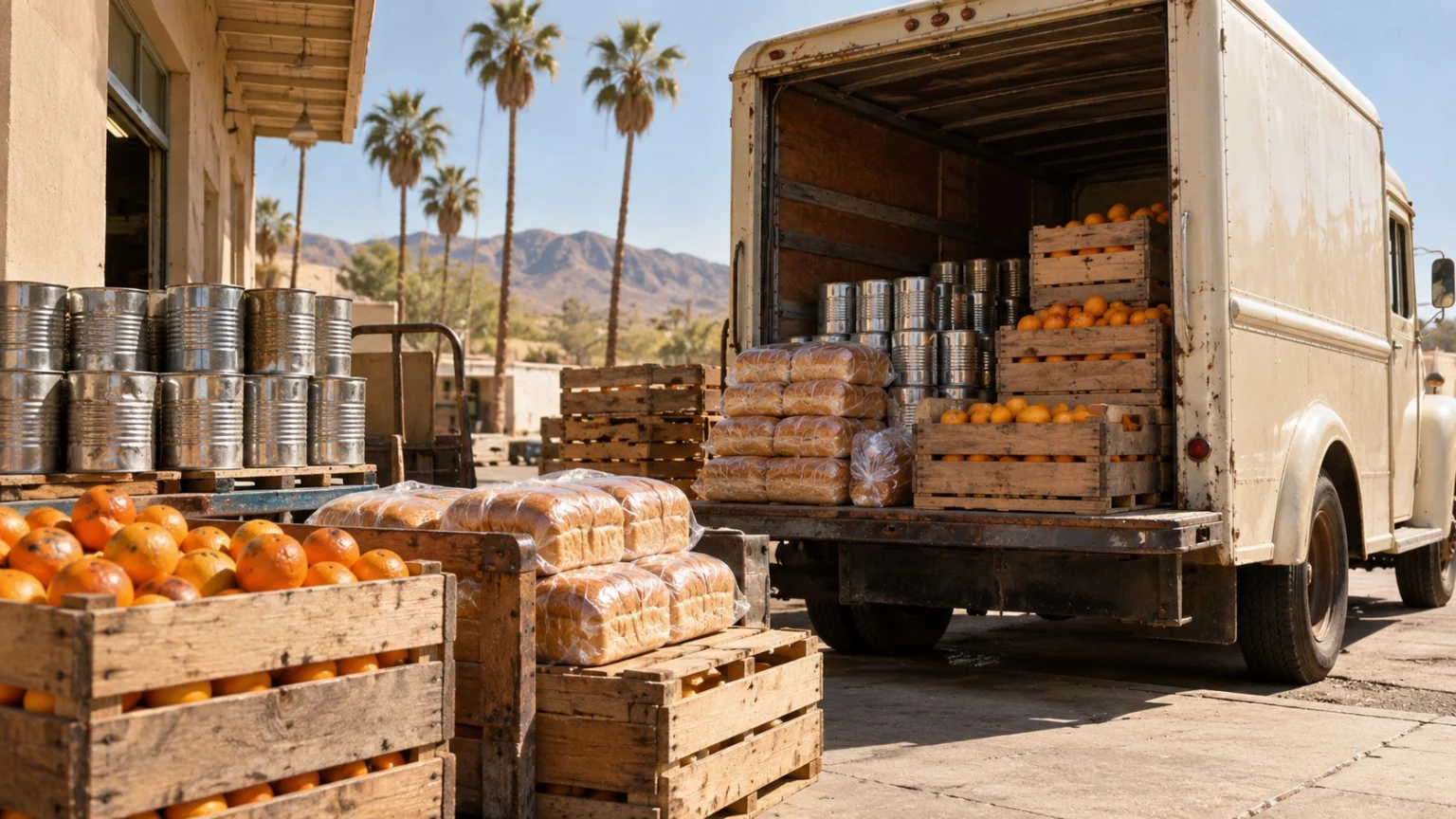 Crates of slightly blemished oranges, dented cans, and loaves of bread stacked beside an old delivery truck behind a sunlit old-fashioned grocery store