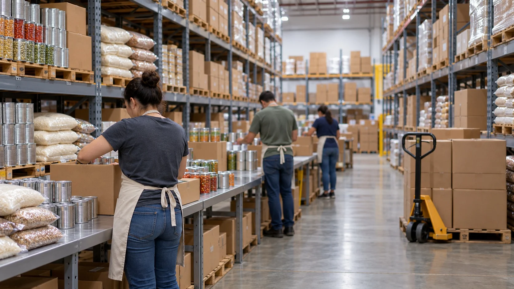 Bóng lưng những tình nguyện viên đeo tạp dề đang phân loại thực phẩm trên các bàn dài trong nhà kho rộng của ngân hàng thực phẩm, với những kệ cao chất đầy thùng, đồ hộp và bao gạo