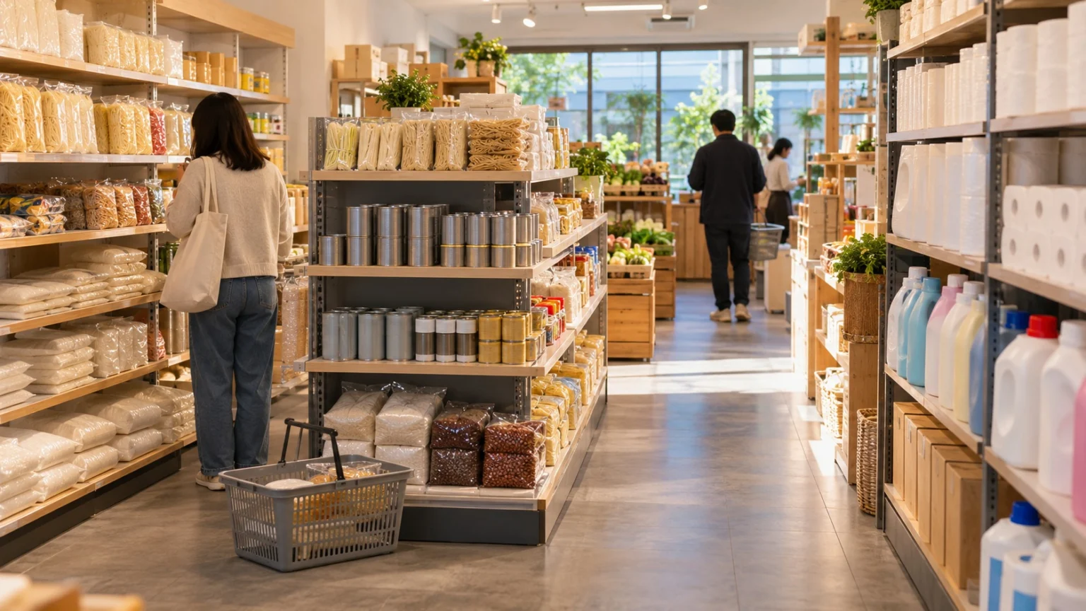 Inside a neighborhood food market neatly laid out like a convenience store, with instant noodles, rice, canned goods, toilet paper, and detergent displayed on shelves and shopping baskets on the floor