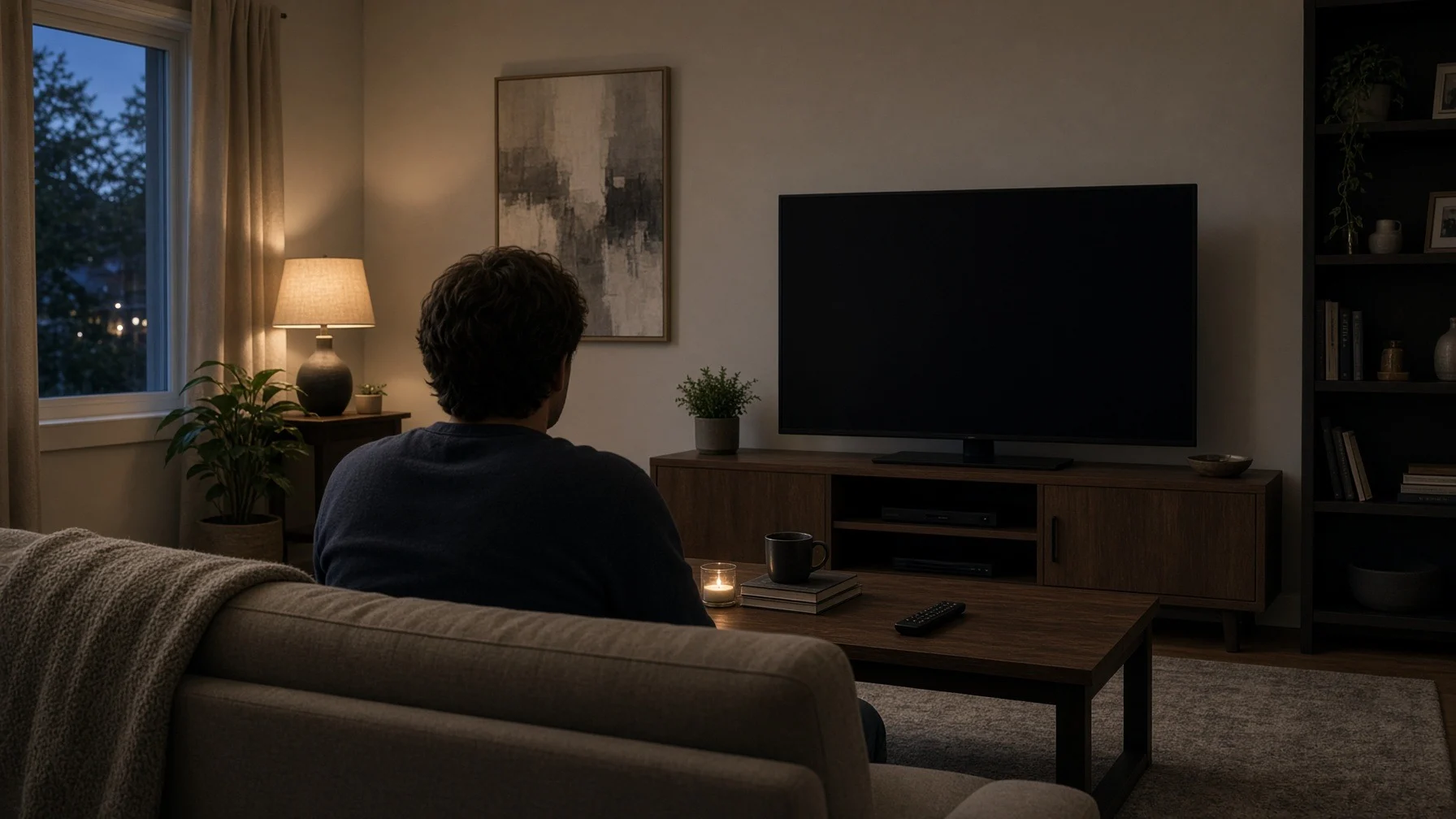 Seen from behind, a person sits in an evening living room watching the news on a TV with a blank screen
