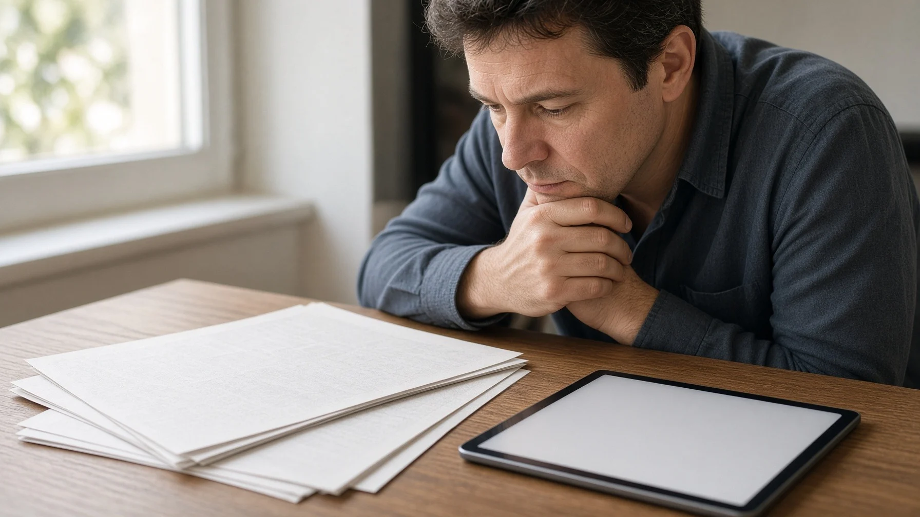 A person resting their chin on one hand, looking at a blank newspaper and a blank tablet on a desk, wondering what standard to judge by