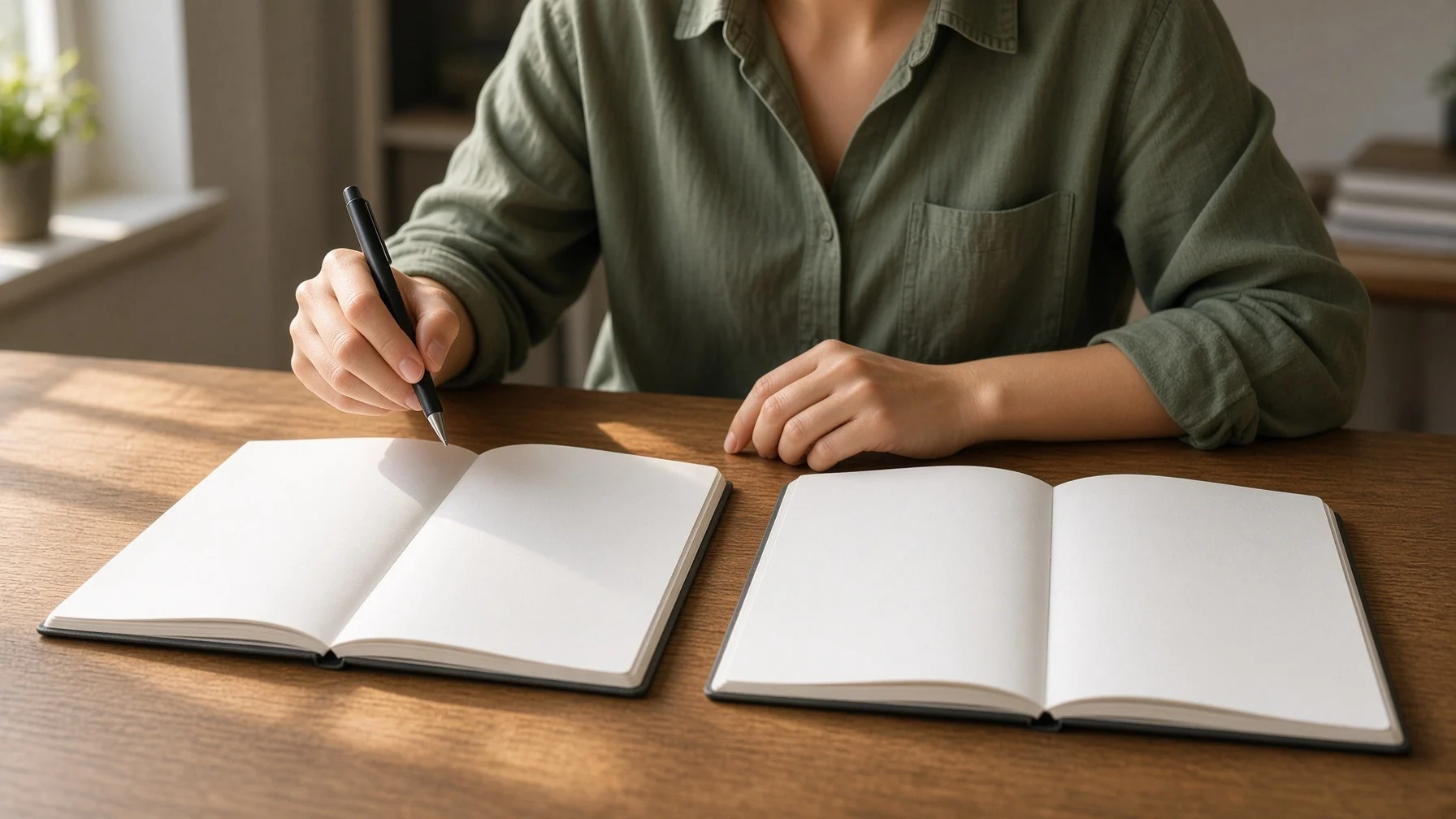 At a sunlit desk, a person sets two blank notebooks side by side and pauses their pen, deciding what standard to look through