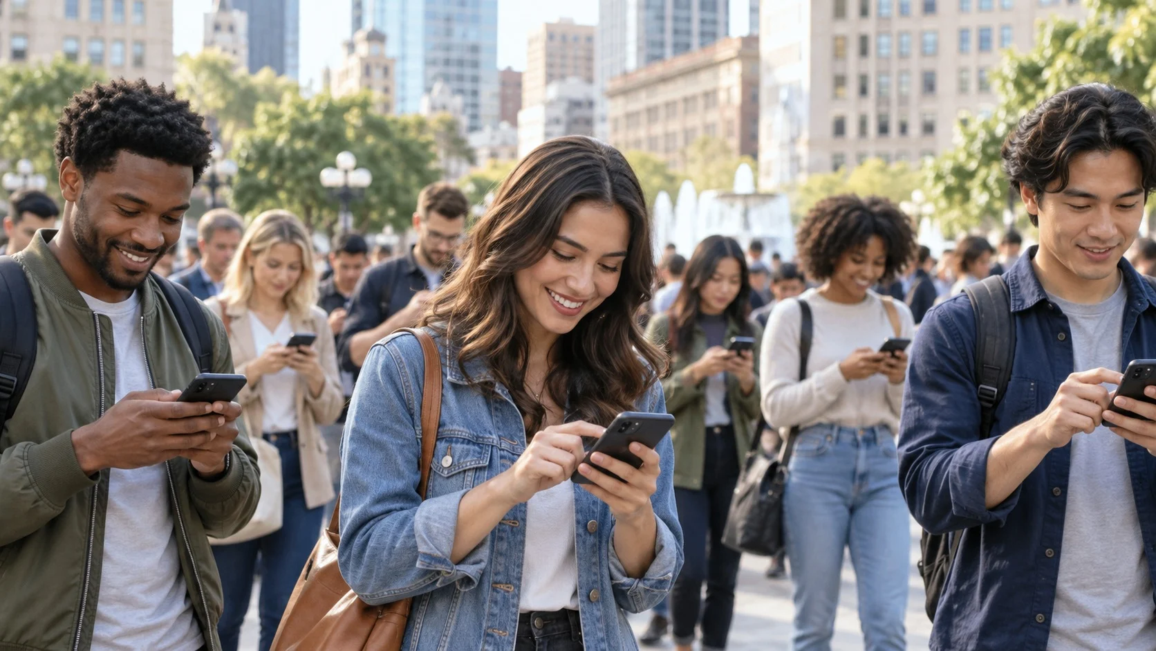 都市の広場に集まった多くの人がそれぞれスマートフォンを見ており、手前の数人が笑いながら携帯電話を操作している様子