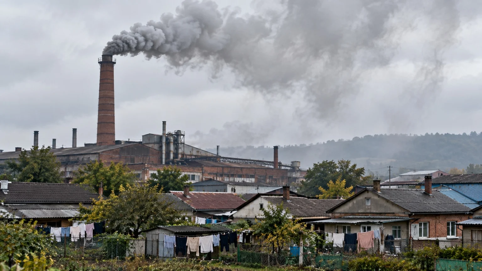 Gray smoke from a factory chimney drifting over a residential neighborhood with laundry hung out to dry