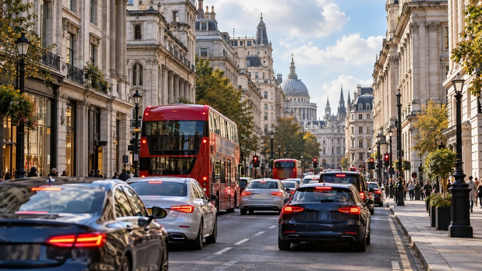 Cars and red double-decker buses moving slowly along a city street between old stone buildings