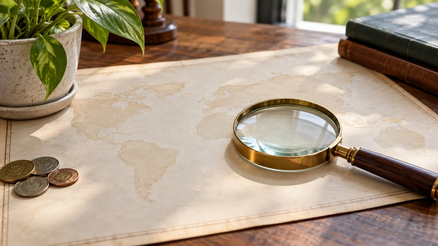 A magnifying glass lying on a blank, unmarked map on a desk, next to a small potted plant and a few coins