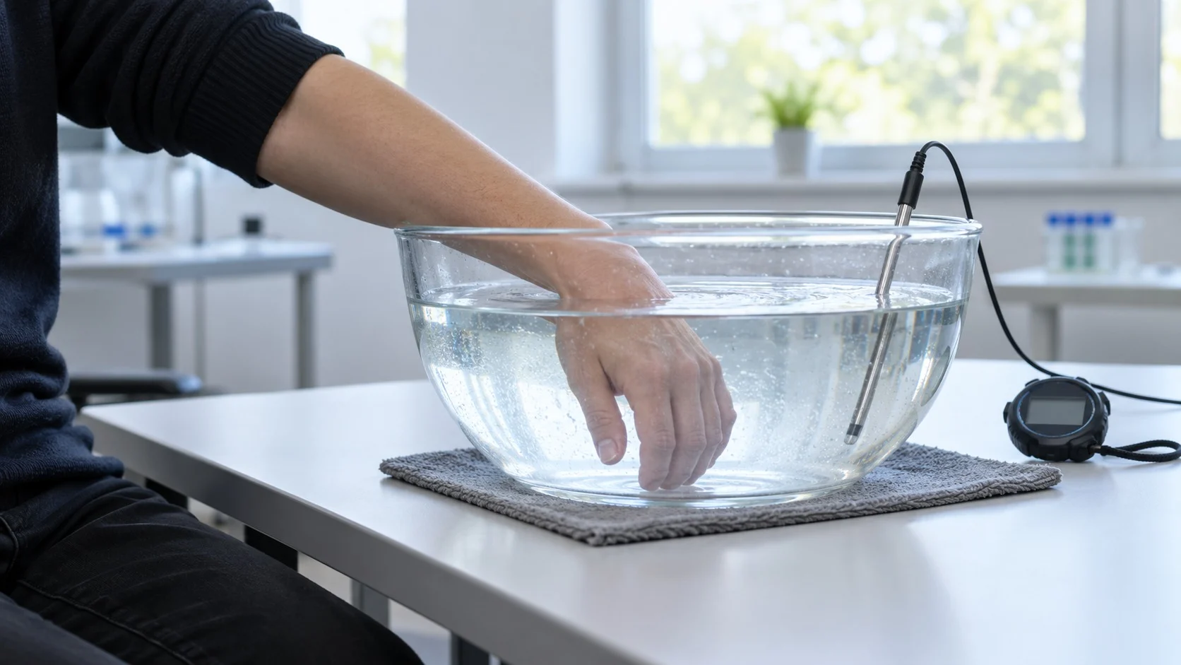 A person dipping one hand into a glass basin of cold water on a laboratory table, with a thermometer and a stopwatch beside it