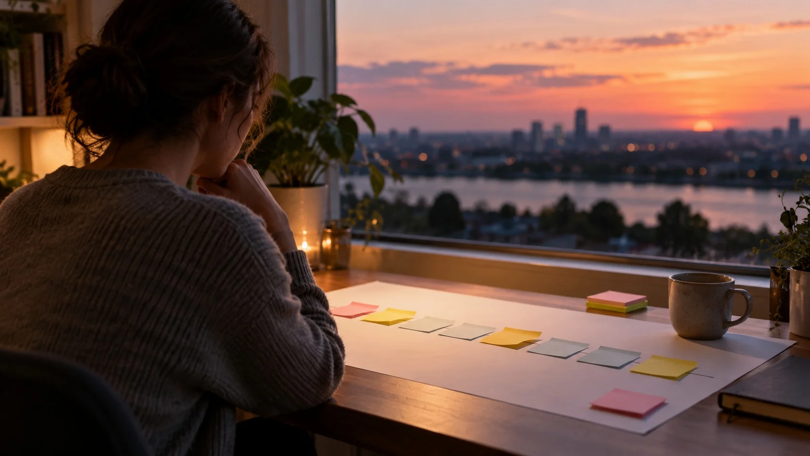 At dusk, a person sitting at a desk by the window looks back on past events while studying a timetable made of colorful sticky notes