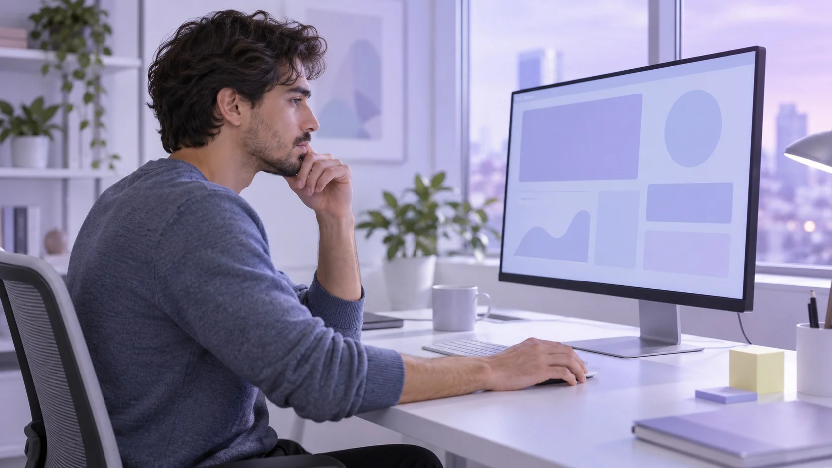 A developer at a bright desk studying API behavior on a blank monitor screen
