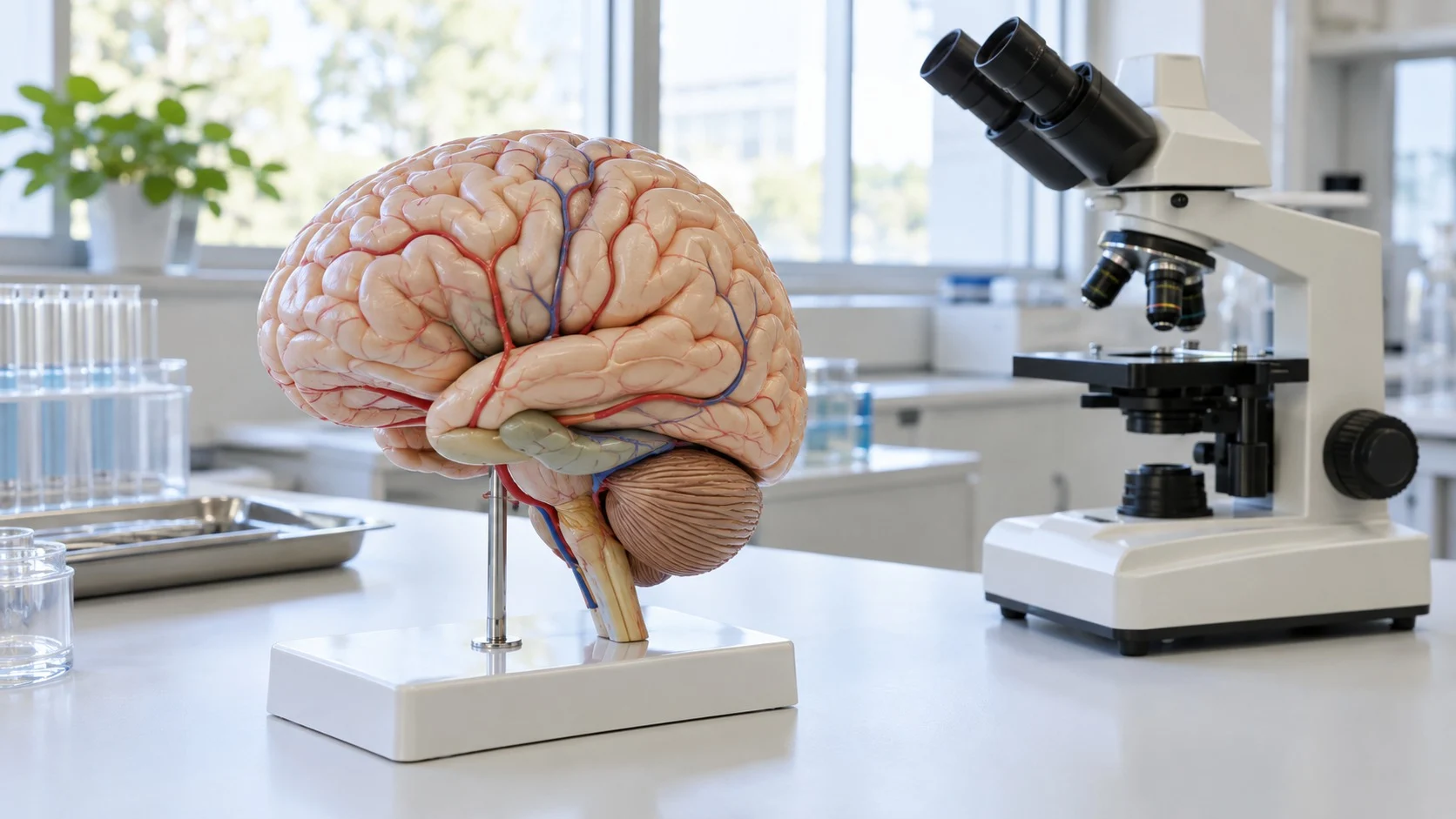 An anatomical model of a human brain on a white lab bench next to a microscope