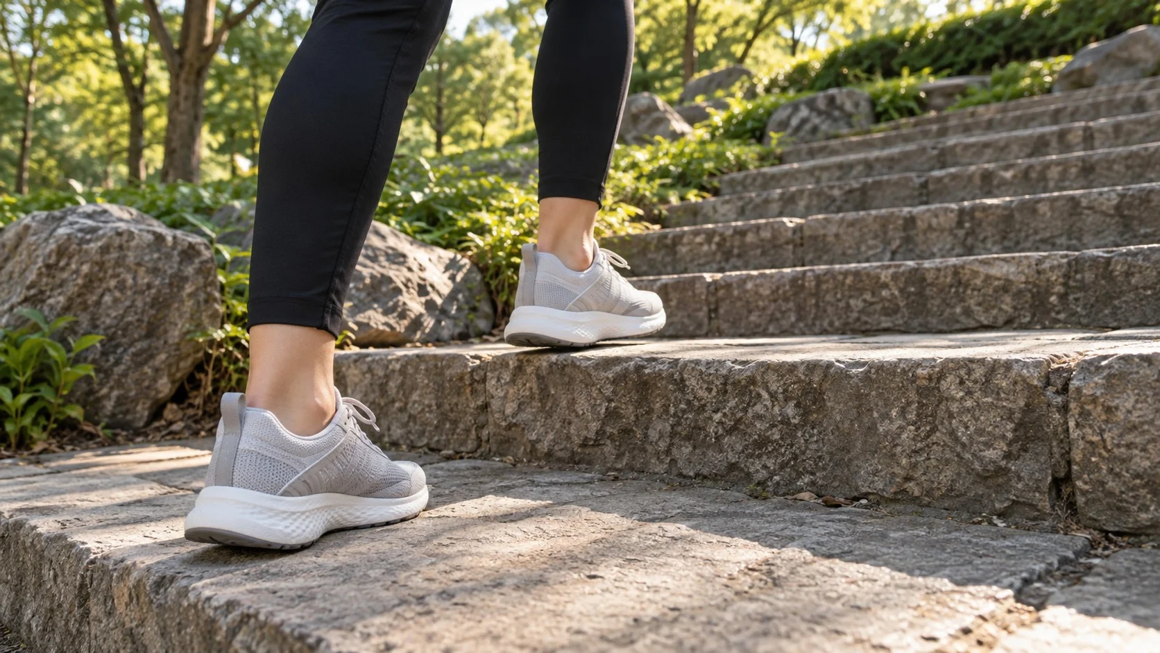 Feet in sneakers stepping onto the first stone step in a sunny park