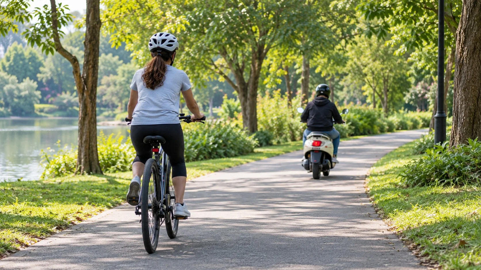 明るい朝の公園の道で、手前に自転車に乗る人の後ろ姿が、同じ道の奥に小型スクーターを巧みに乗りこなす人が一緒に見える場面