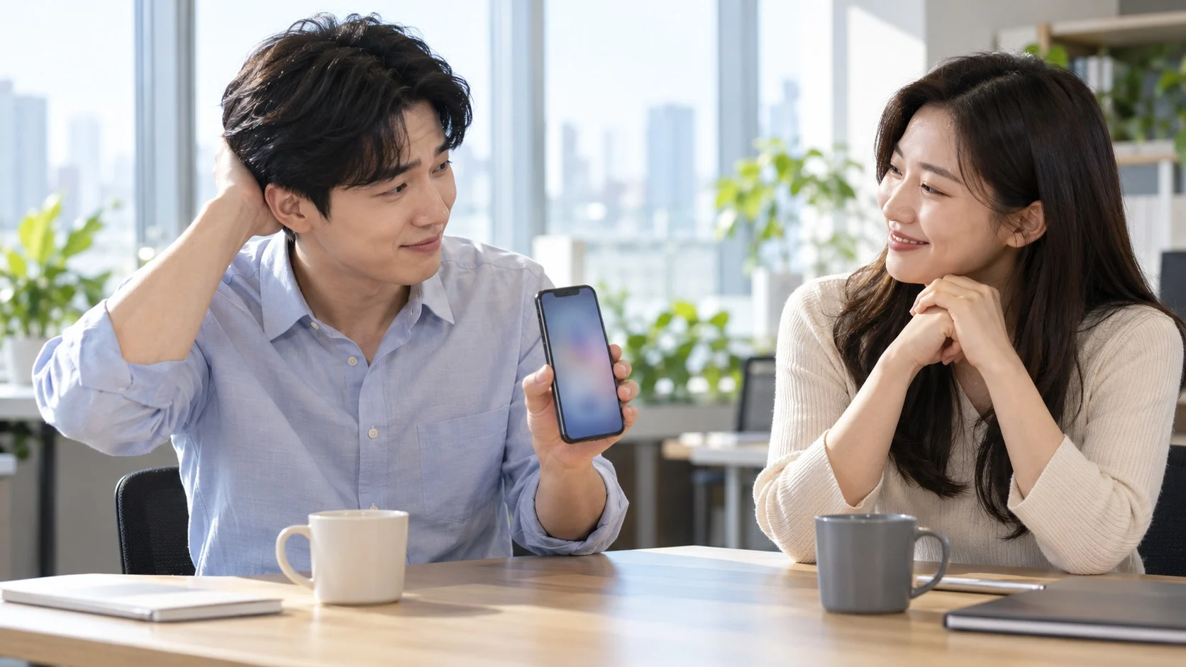 In a bright office meeting space, one office worker shows a smartphone with an apologetic expression, while another colleague smiles and nods understandingly