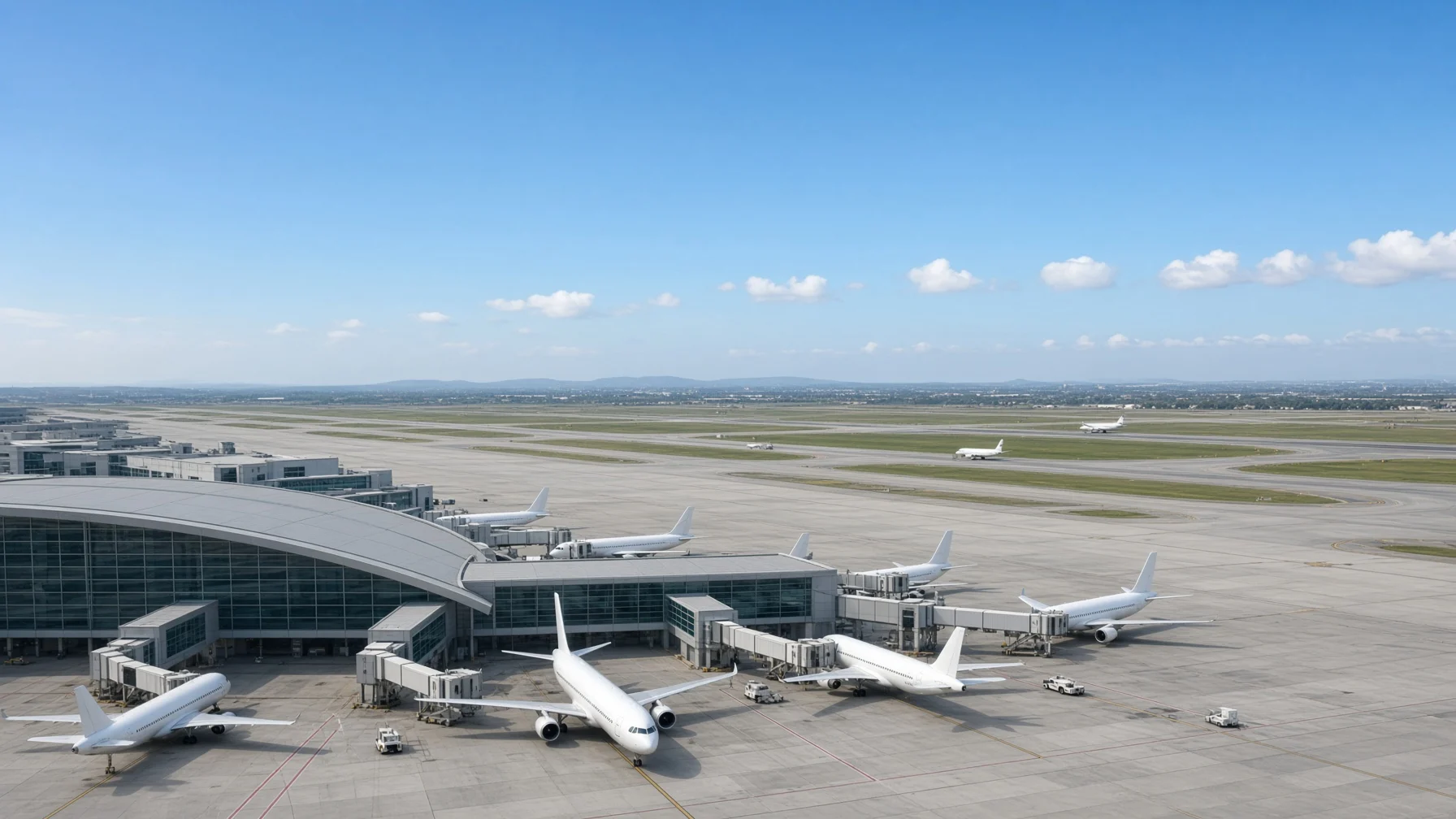 晴れた朝の大きな国際空港で、円形のターミナルの周りに白い旅客機が何機も搭乗橋に接続し、外へ伸びる滑走路では別の飛行機が動いている様子