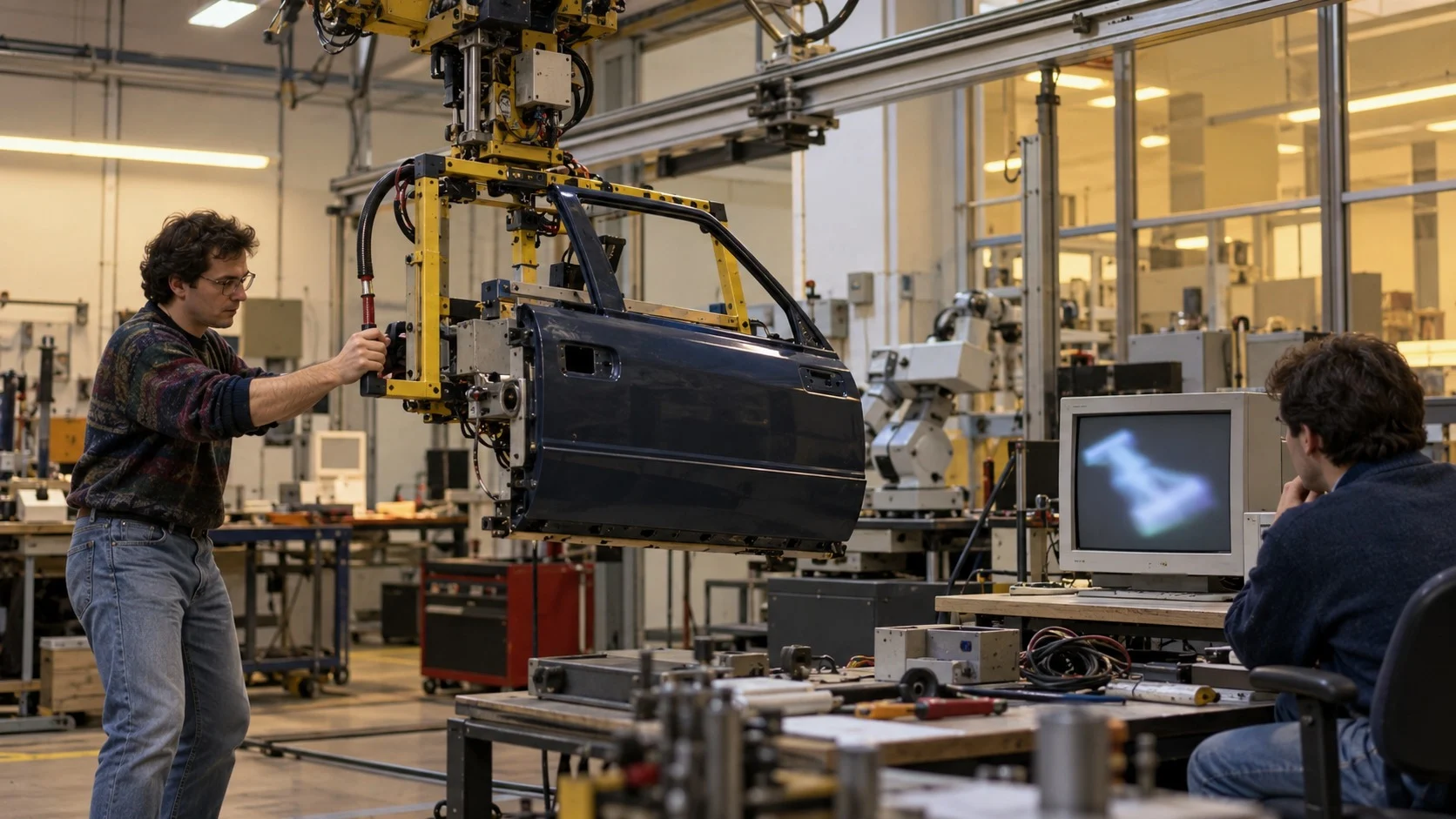 A 1990s university robotics lab where a researcher pushes a device hanging from a ceiling rail to move a heavy car door while another researcher watches an old-style monitor