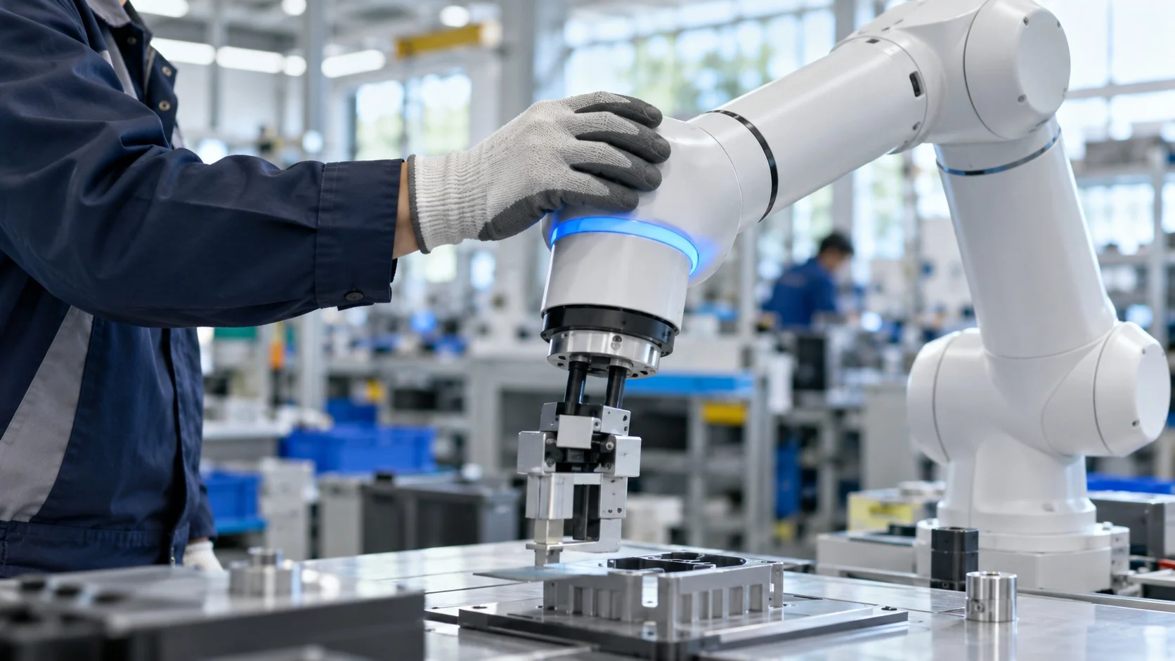At a workbench with no fence, a gloved worker’s hand grips the wrist of a small white robot arm and directly guides its movement