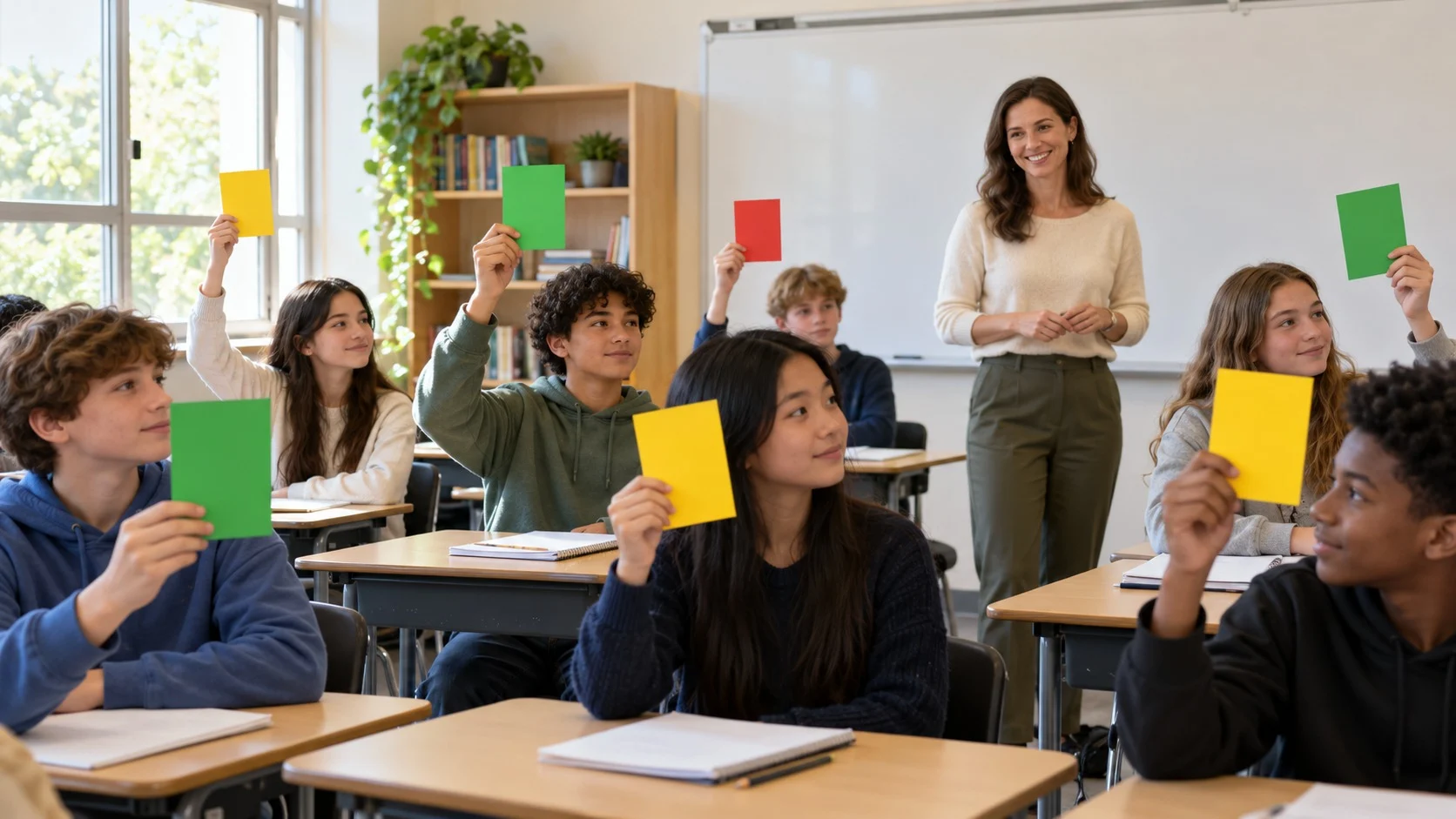 明るい中学校の教室で、生徒たちが緑・黄・赤の無地のカードを掲げ、前に立つ教師が笑顔で教室を見渡している様子