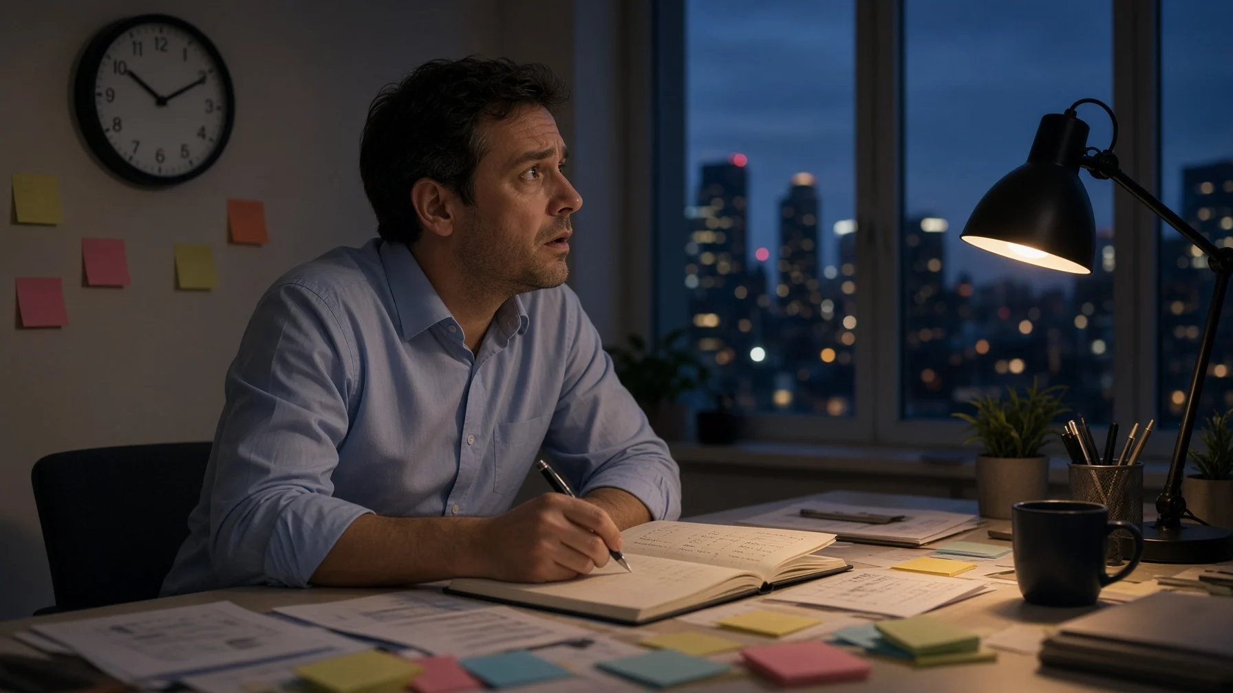 夜遅く、メモが貼られた机で壁時計を見て驚いた表情を浮かべる会社員の姿