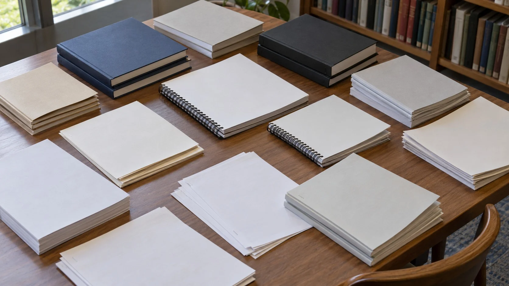 Various materials spread out on a library desk: theses with blank covers, spiral-bound technical reports, conference proceedings, thin booklets, and stapled manuscripts