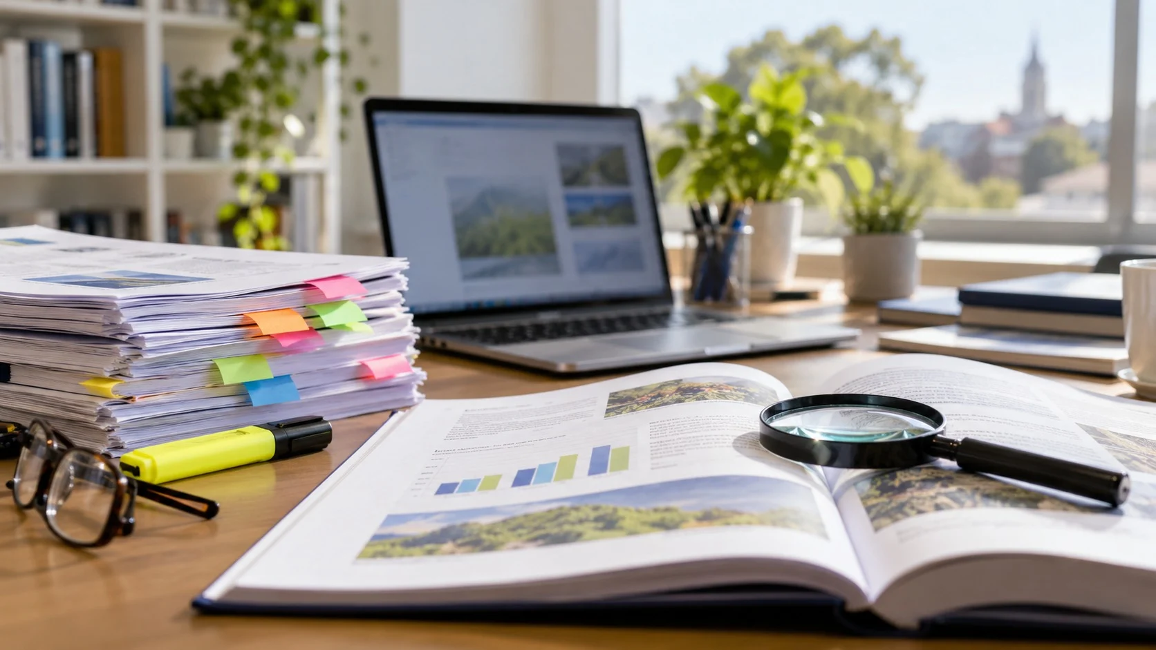 A bright research desk with a laptop, a pile of reports marked with colorful sticky tabs, a highlighter, glasses, and a magnifying glass resting on an open report