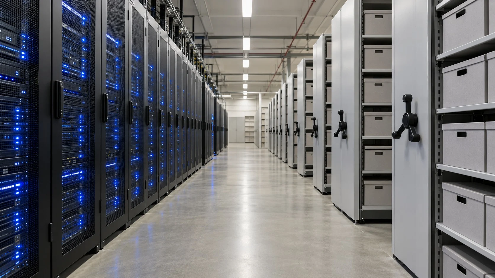 A modern archive with rows of servers glowing blue on one side and grey archival boxes in mobile shelving on the other, protecting paper and digital materials together
