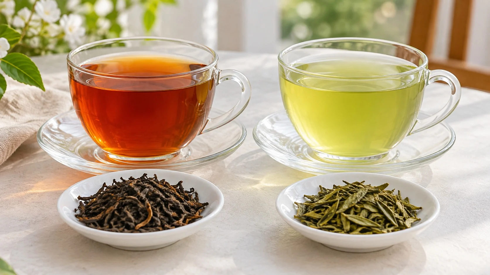Glass teacups of reddish black tea and light green tea side by side on a bright table, with each tea’s leaves placed in front