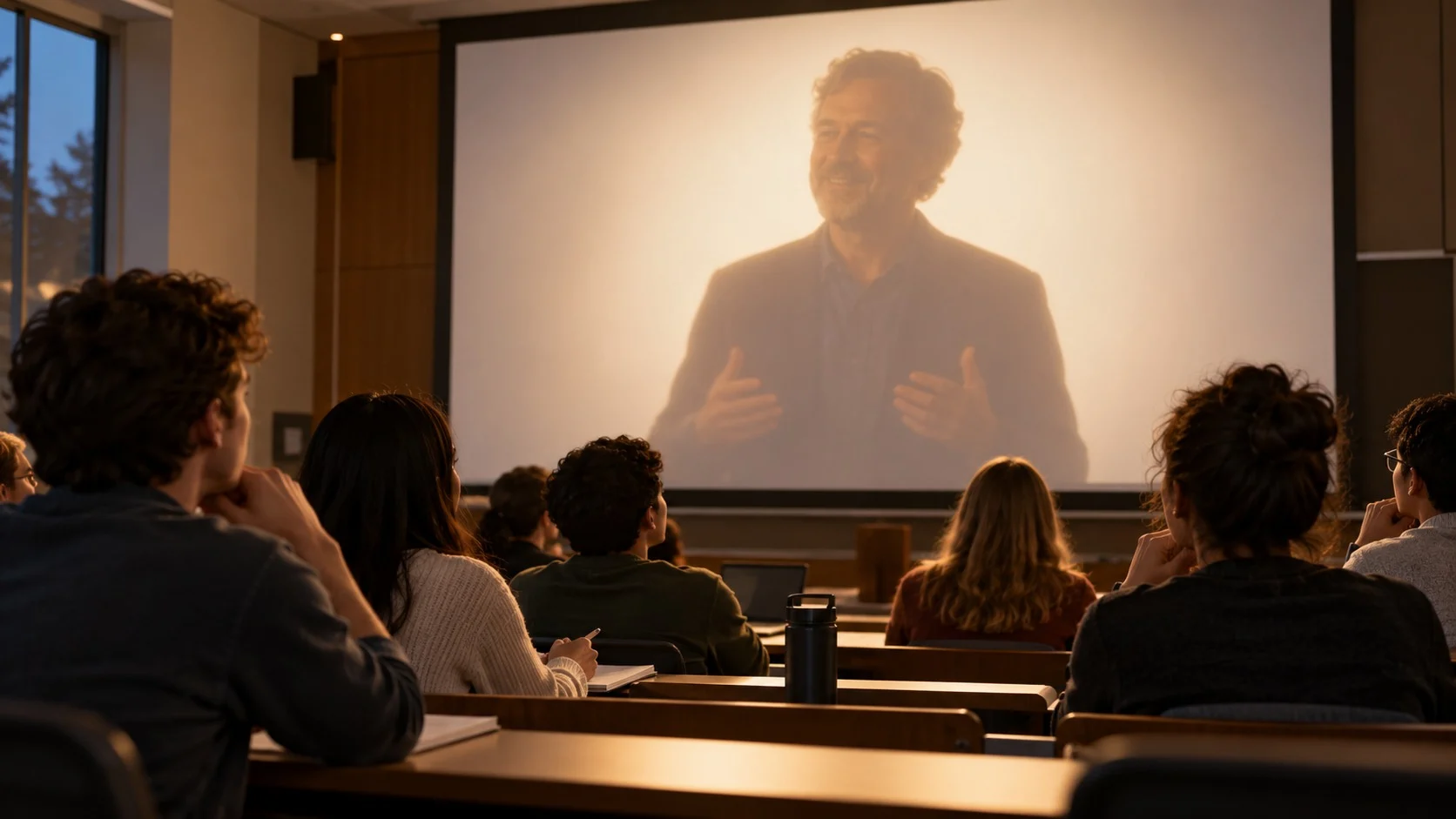 大学の講義室で、何人かの学生が大きなスクリーンに映る笑顔の中年講師の姿を見つめ、スクリーンの暖かな光が学生たちの顔を照らしている様子