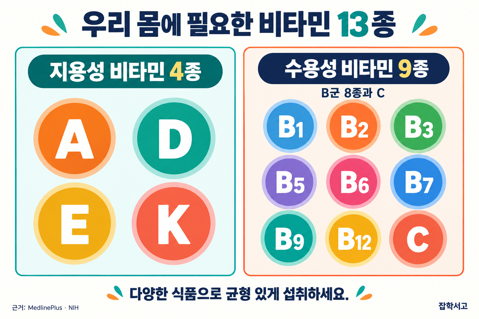 13种必需维生素：A、D、E和K为脂溶性；B1、B2、B3、B5、B6、B7、B9、B12和C为水溶性。