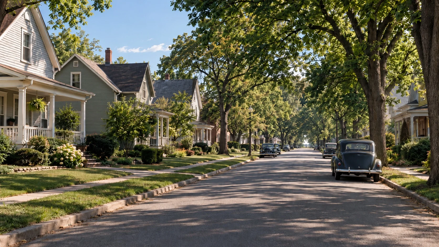 A 1940s-style small-town street with trees and front porches on a clear day