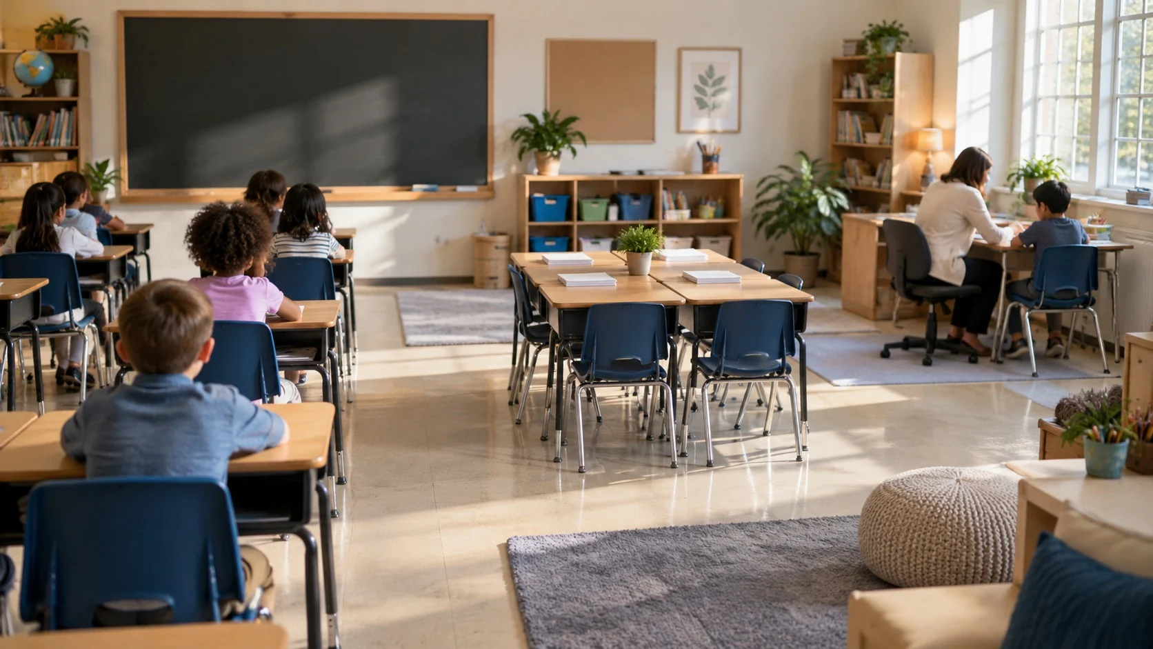 A bright elementary school classroom showing rows of desks facing a blackboard, a small cluster of desks with review worksheets, and a desk where a teacher and a single student sit side by side