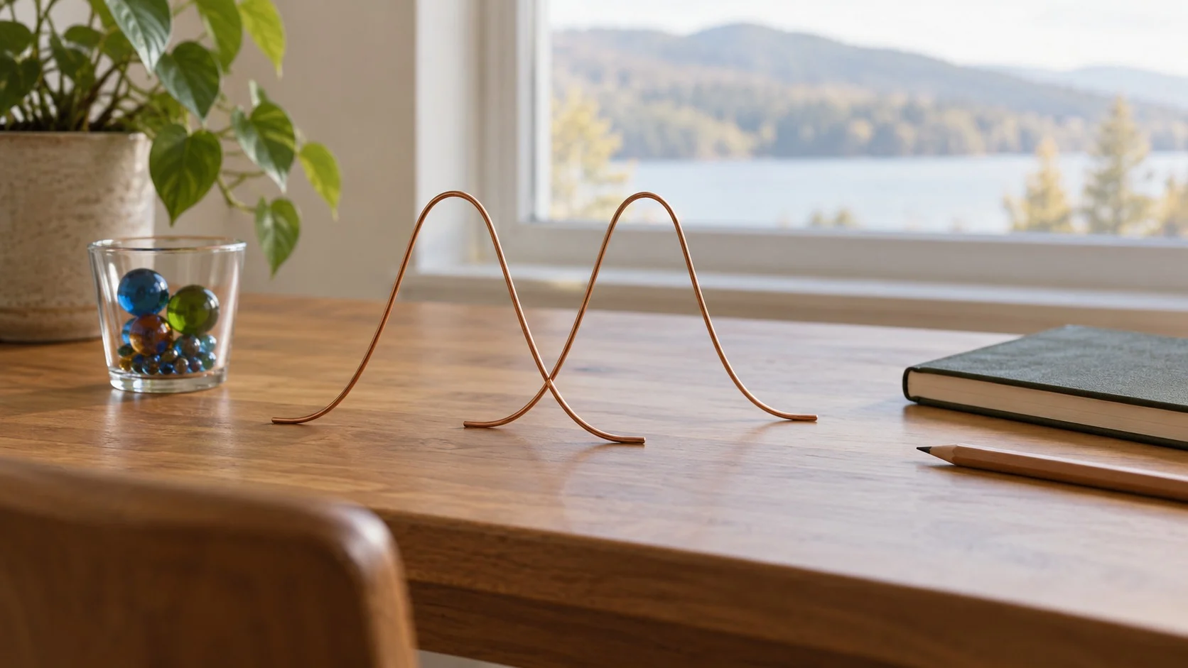 Two bell-shaped curves made of copper wire standing side by side on a wooden desk, one offset from the other, next to a notebook, pencils, and a cup of marbles