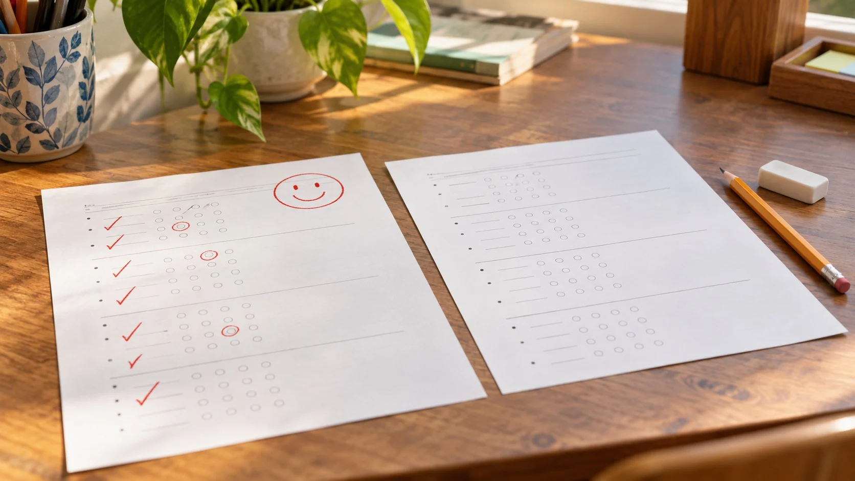 On a desk, a quiz paper graded with red marks lies next to a fresh quiz sheet for another attempt, along with an eraser and a pencil