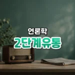 2단계유통 썸네일: 은은한 청록빛 아래 화면 아래쪽에 옛 라디오와 접힌 신문이 놓이고 위쪽은 글자를 올릴 여백이 넓은 모습