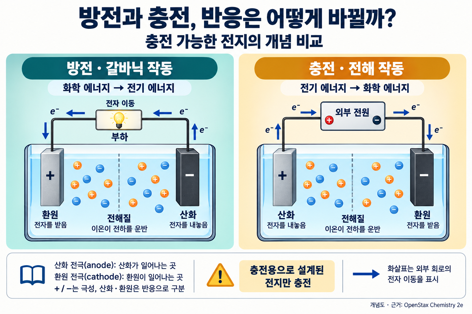 충전 가능한 전지의 방전과 충전을 비교한 개념도. 방전에서는 음의 전극에서 산화가 일어나 전자가 외부 부하를 거쳐 양의 환원 전극으로 이동한다. 충전에서는 외부 전원의 양 단자를 전지의 양 전극에, 음 단자를 음 전극에 연결한다. 양 전극에서는 산화로 전자가 전원 쪽으로 나가고, 음 전극에서는 전원에서 온 전자를 받아 환원된다. 전해질에서는 이온이 전하를 운반한다.