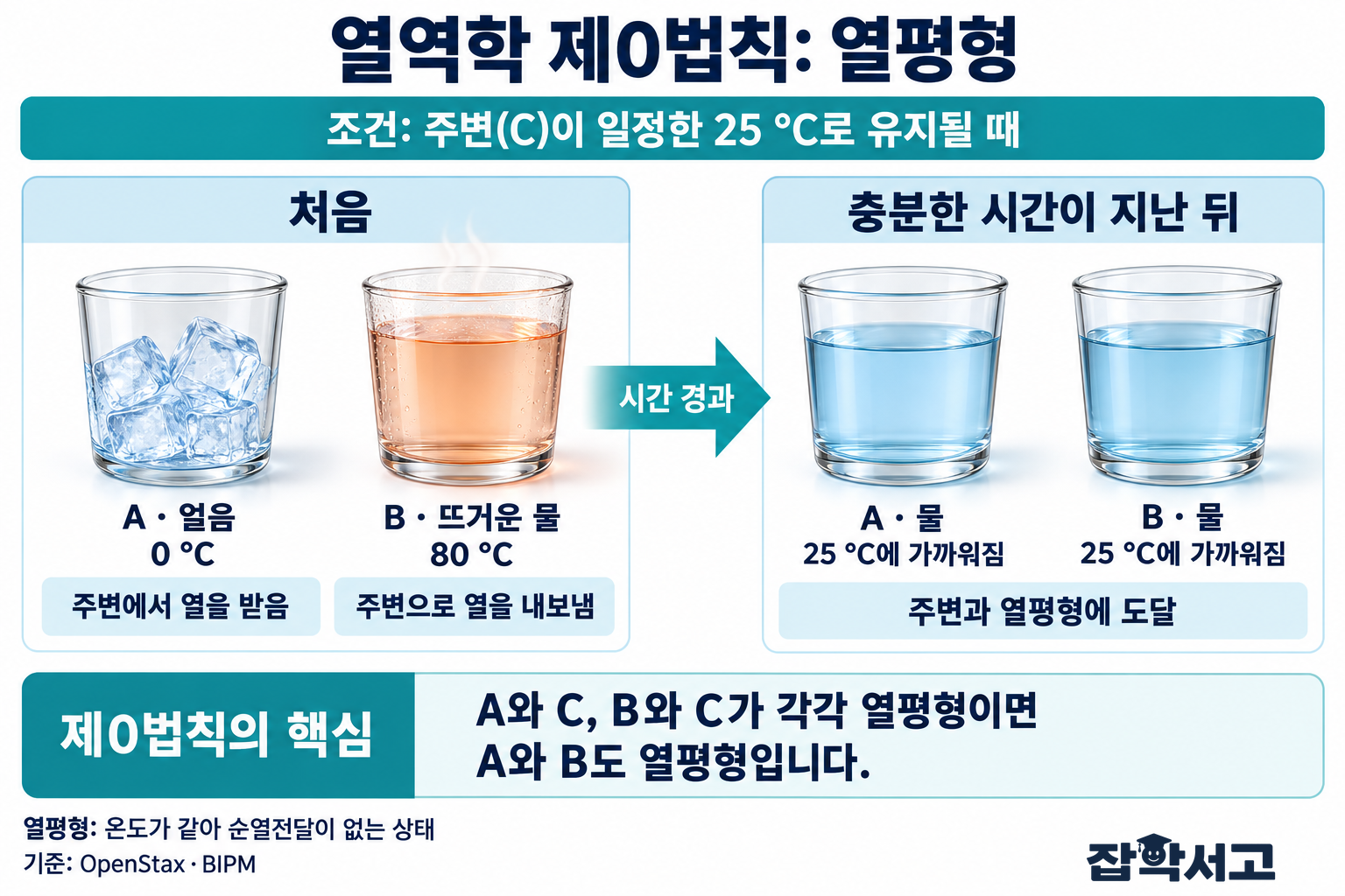25 °Cに一定に保たれた周囲で、0 °Cの氷は熱を受け取り、80 °Cの水は熱を放出し、十分な時間が経過すると両方の水が周囲の温度に近づく過程と、熱力学第0法則。