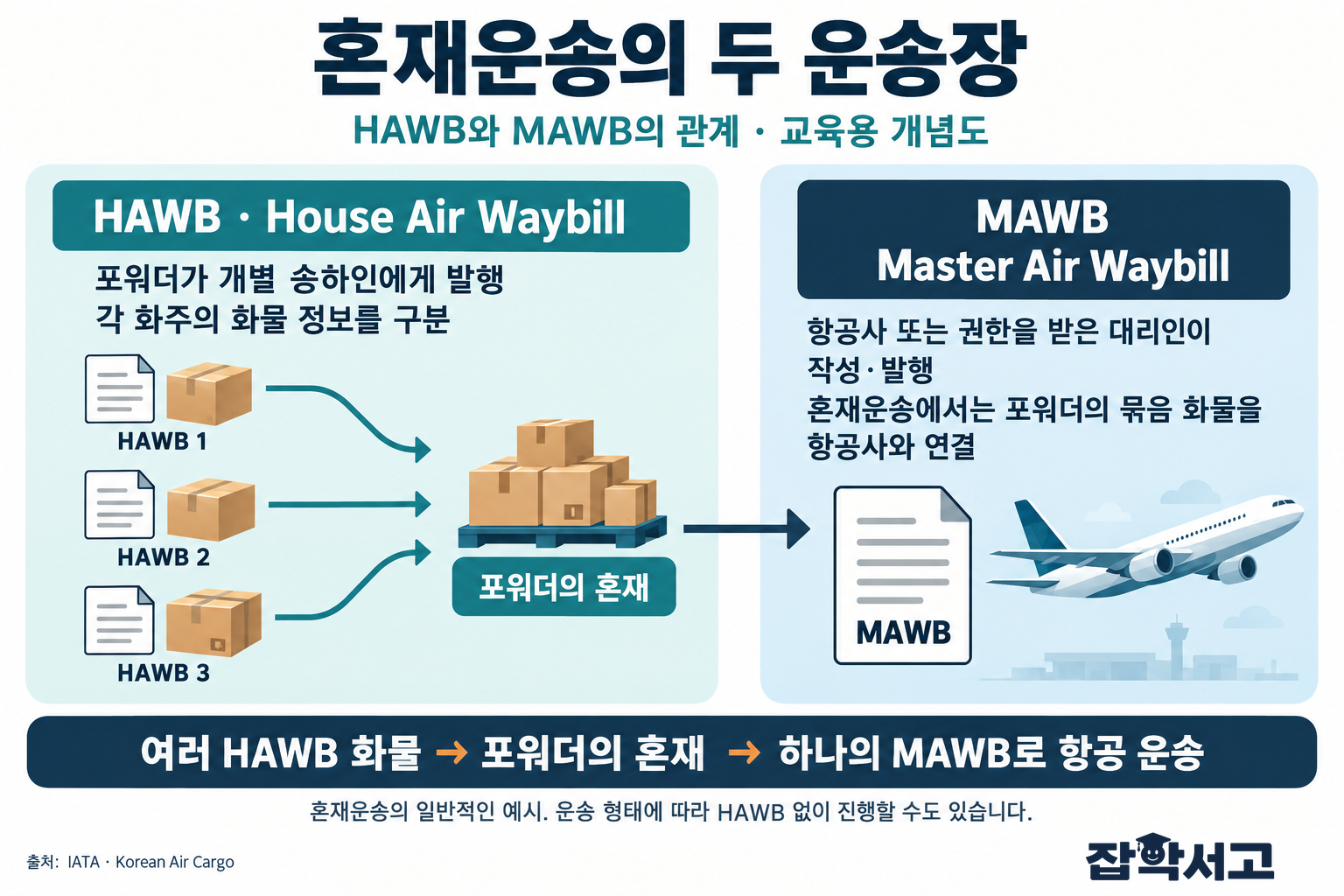 혼재운송에서 여러 HAWB 화물이 포워더를 거쳐 하나의 MAWB로 항공 운송되는 관계도. HAWB는 포워더가 개별 송하인에게 발행하고, MAWB는 항공사 또는 권한을 받은 대리인이 작성·발행한다.