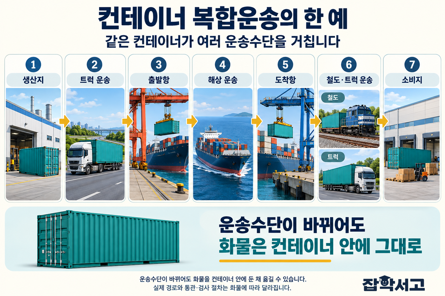 生産地、トラック輸送、出発港、海上輸送、到着港、鉄道・トラック輸送、消費地という七つの段階を左から右へ示した複合輸送の概念図。鉄道はレールと枕木の上を走る機関車とコンテナ貨車で、道路輸送は別のトラックで表している。
