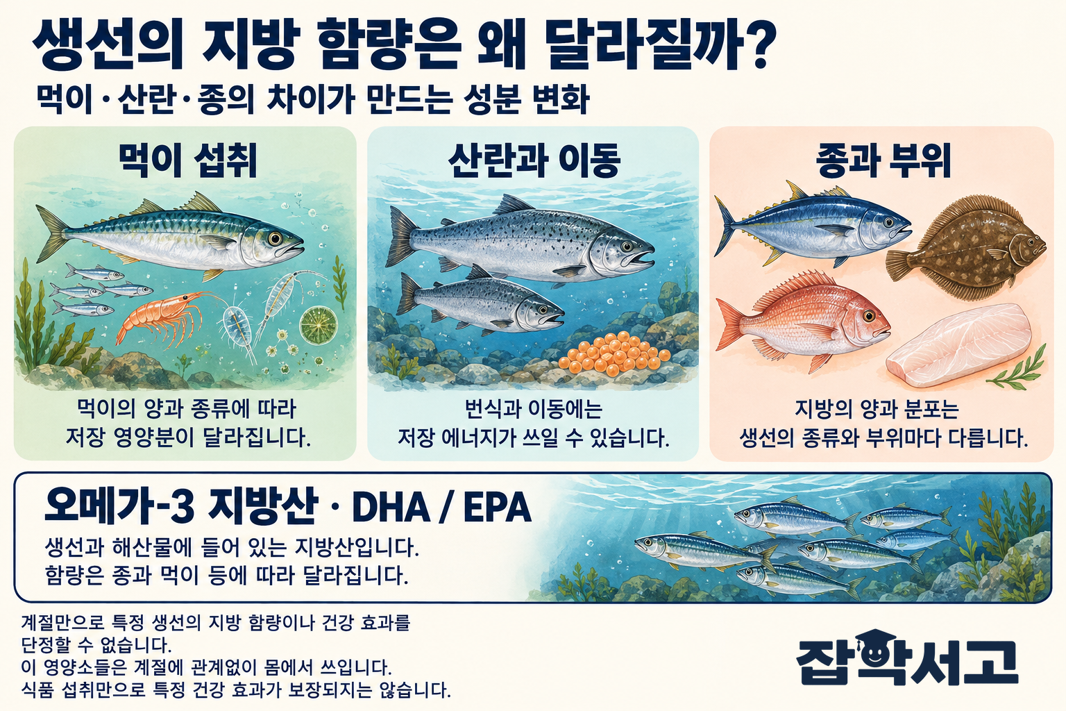 餌の摂取、産卵と移動、種や部位によって魚の脂肪含有量が変わることを説明する概念図