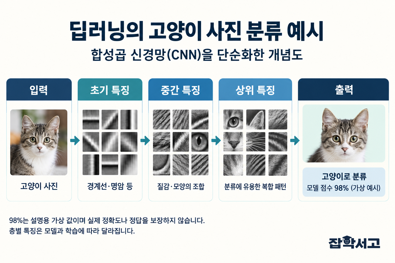 猫の写真を入力し、初期・中間・上位の特徴を経て猫に分類するCNNの概念図。モデルのスコア98%は説明用の仮の値であり、実際の正解率や正しい答えを保証するものではないと明記している。