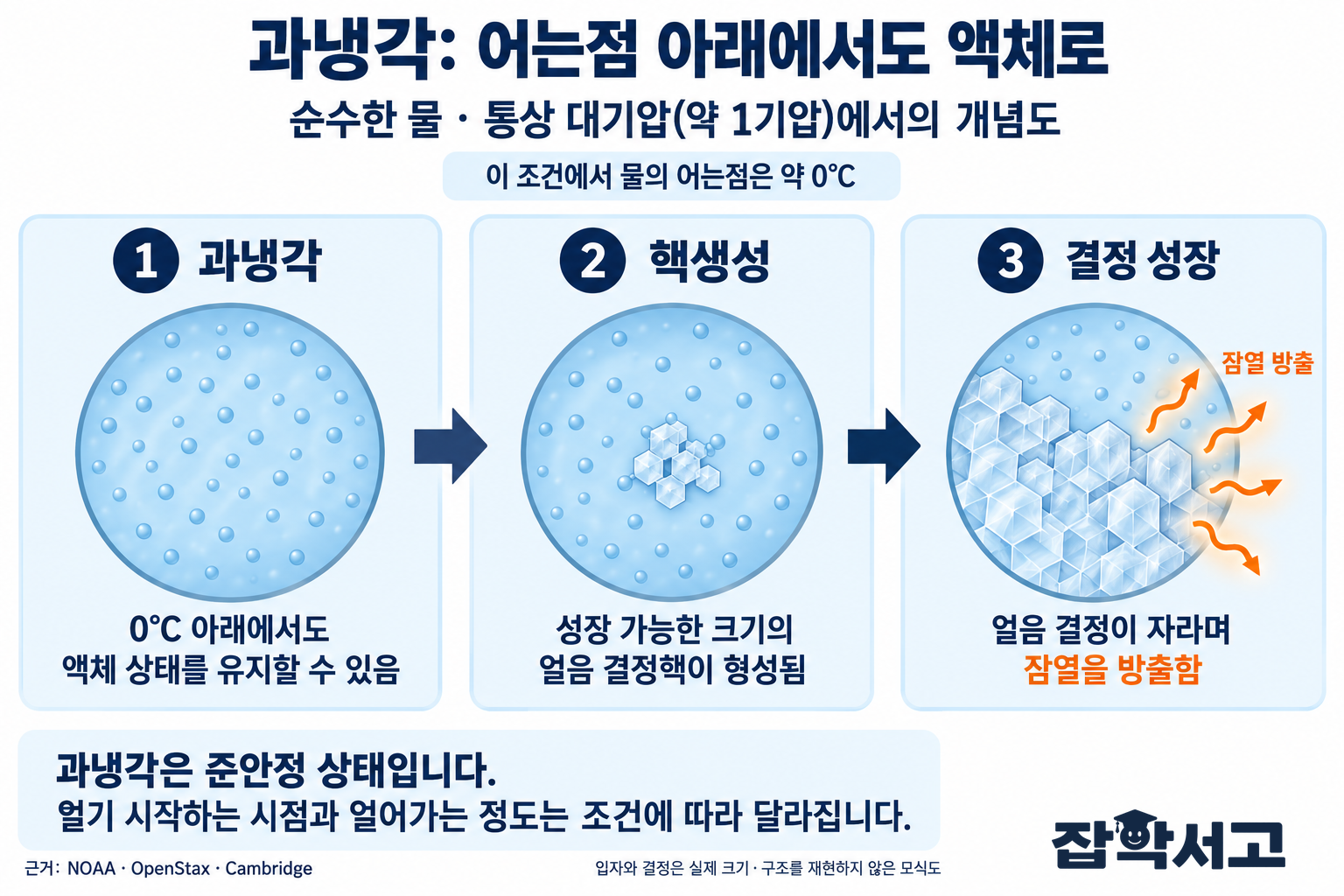순수한 물을 통상 대기압에서 설명하는 과냉각 개념도. 약 0°C인 어는점 아래에서도 액체 상태가 유지될 수 있고, 성장 가능한 얼음 결정핵이 형성된 뒤 결정이 자라면서 잠열을 방출하는 세 단계를 보여 준다. 작은 결정핵과 성장한 결정 주변에 액체가 남아 있으며 두 오른쪽 화살표가 순서를, 네 주황 화살표가 잠열 방출을 나타낸다.