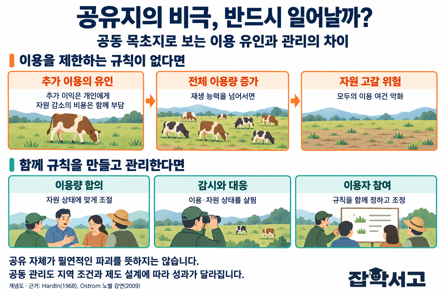 공동 목초지로 설명한 공유지의 비극 개념도. 위쪽은 이용 제한 규칙이 없을 때 추가 이익은 개인에게, 자원 감소 비용은 공동으로 돌아가 전체 이용량이 재생 능력을 넘으면 자원 고갈 위험이 생기는 경로이다. 아래쪽은 이용량 합의, 이용 및 자원 상태 감시, 이용자 참여를 통한 공동 관리의 요소이다. 공유 자체가 필연적인 파괴를 뜻하지 않으며 관리 성과는 지역 조건과 제도 설계에 따라 달라진다고 명시한다.
