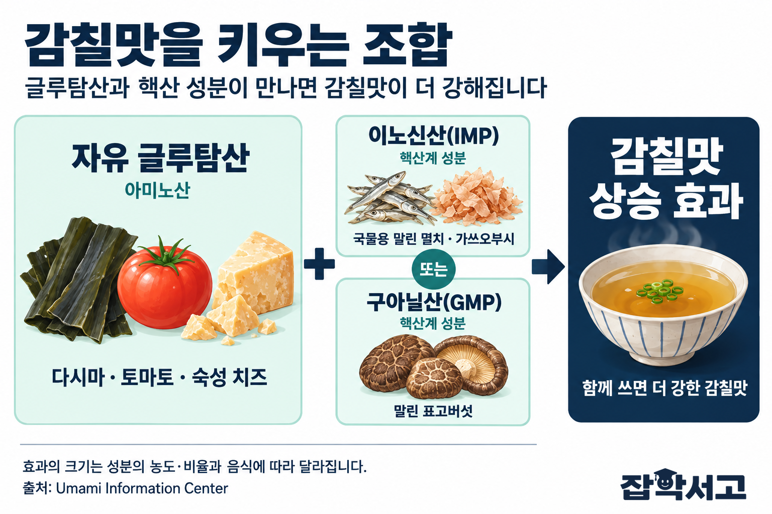 다시마·토마토·숙성 치즈의 자유 글루탐산에 국물용 말린 멸치·가쓰오부시의 이노신산(IMP) 또는 말린 표고버섯의 구아닐산(GMP)이 더해지면 감칠맛이 강해지는 상승 효과를 설명한 도해.
