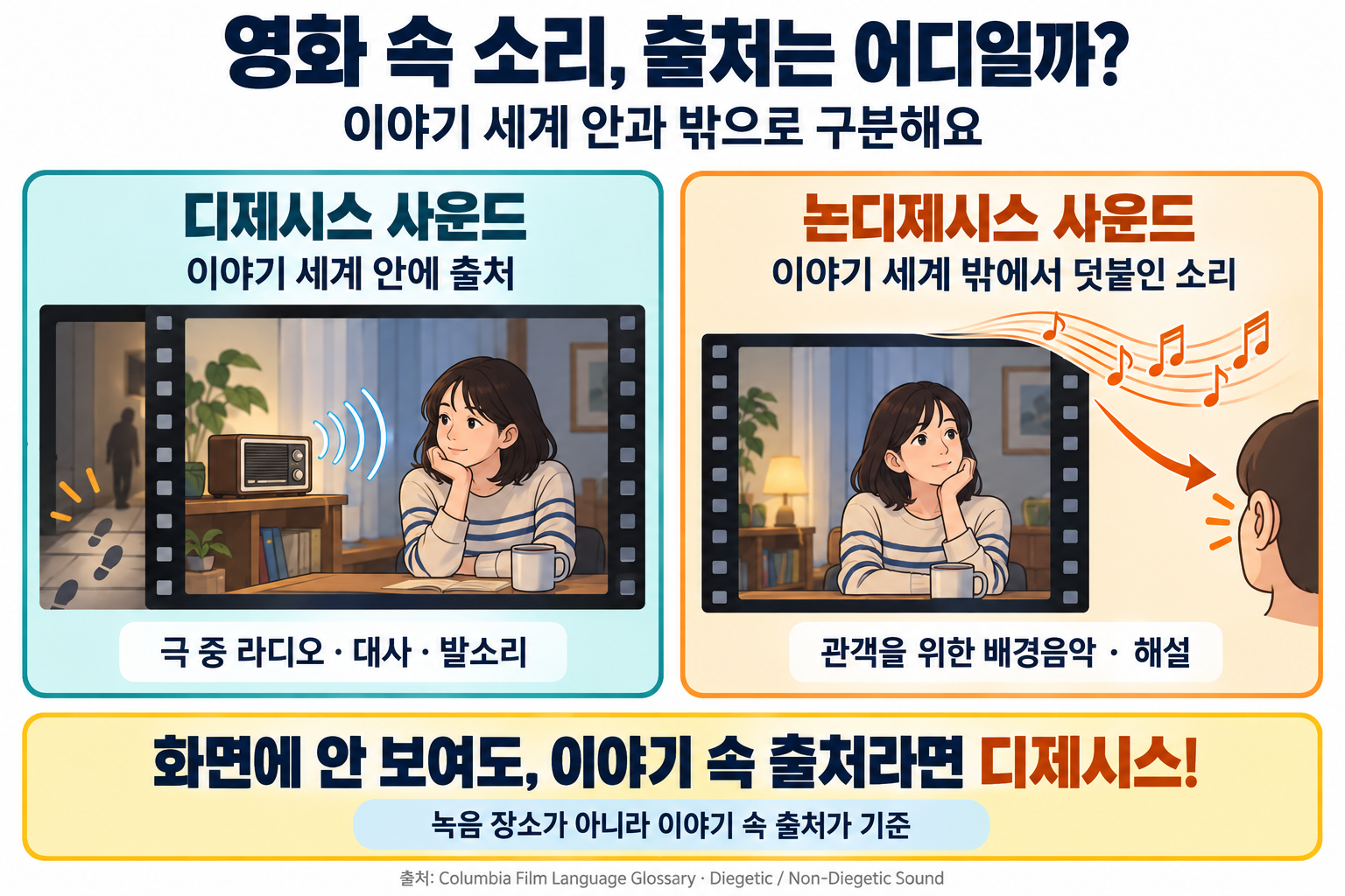 이야기 세계 안의 라디오·대사·발소리는 디제시스, 세계 밖에서 관객에게 덧붙인 음악·해설은 논디제시스임을 비교한 도식. 화면에 출처가 보이는지와 녹음 장소는 구분 기준이 아니다.