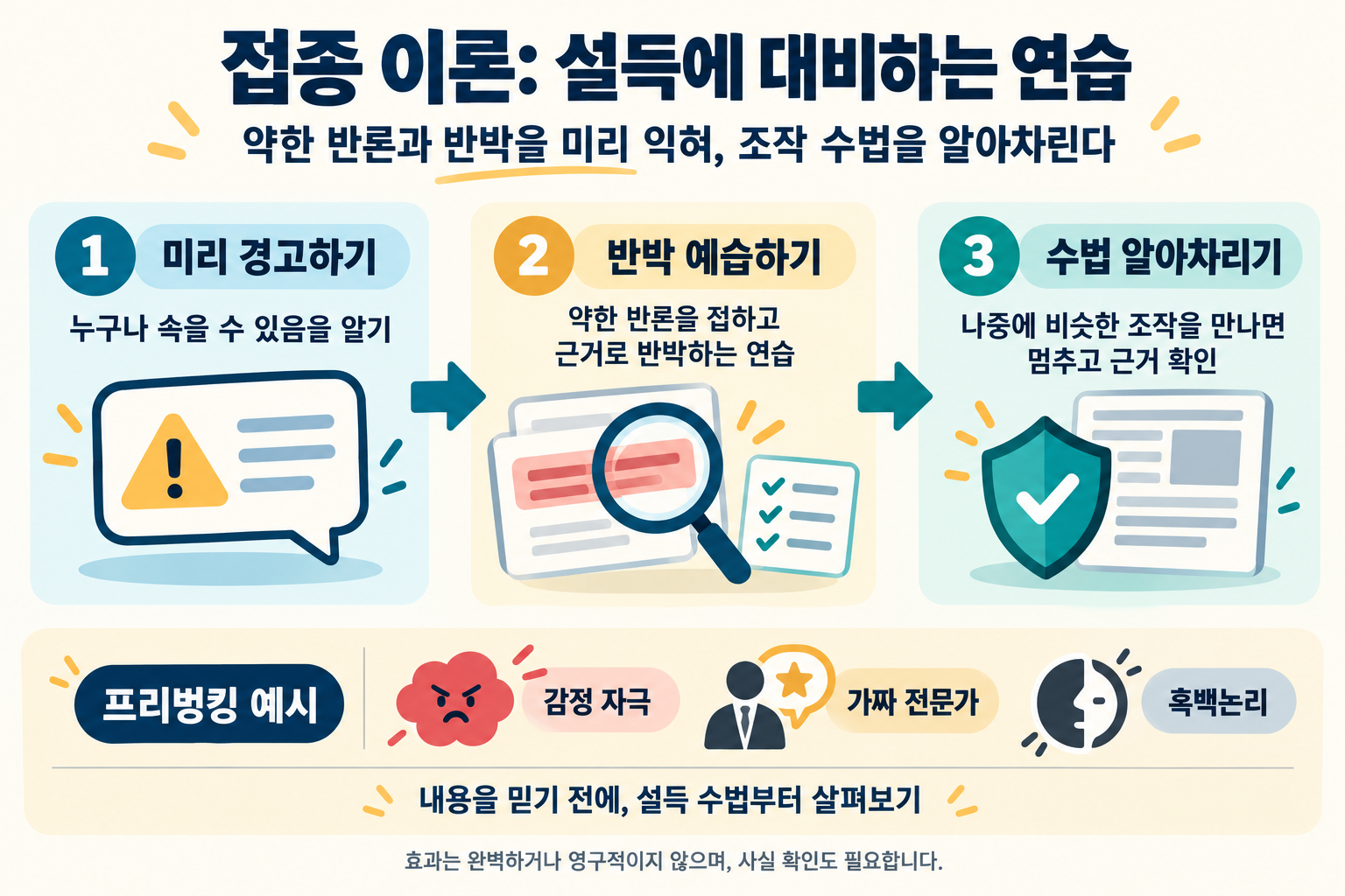 접종 이론의 흐름: 속을 수 있음을 미리 경고하고, 약한 반론을 근거로 반박하는 연습을 거쳐, 이후 조작 수법을 알아차리고 사실을 확인한다. 프리벙킹 예시는 감정 자극·가짜 전문가·흑백논리이며 효과는 완벽하거나 영구적이지 않다.