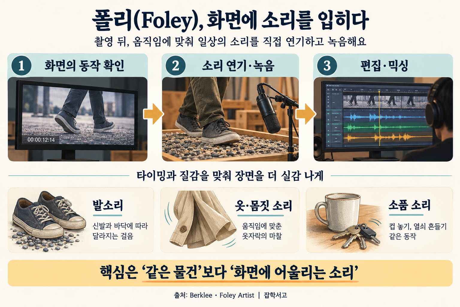 폴리 작업의 화면 동작 확인, 소리 연기·녹음, 편집·믹싱 과정과 발소리·옷과 몸짓 소리·소품 소리의 세 유형을 설명하는 인포그래픽