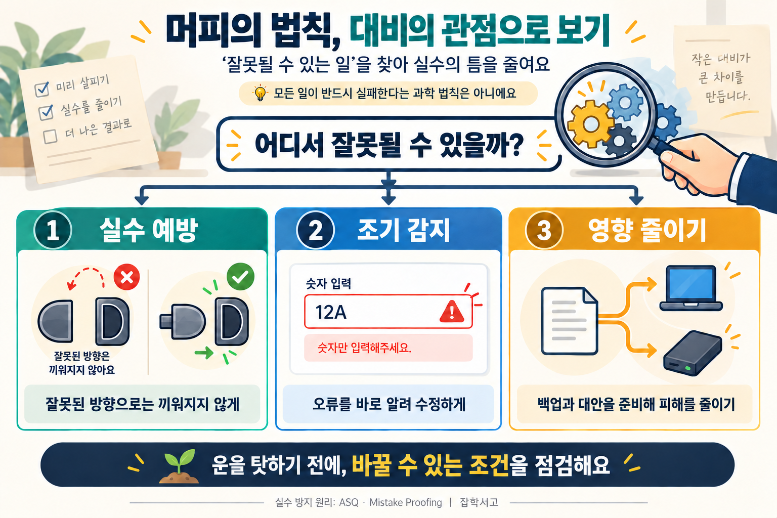 머피의 법칙을 대비의 관점에서 이해하고, 잘못된 조립을 막는 실수 예방, 입력 오류 조기 감지, 백업으로 영향 줄이기를 설명하는 인포그래픽