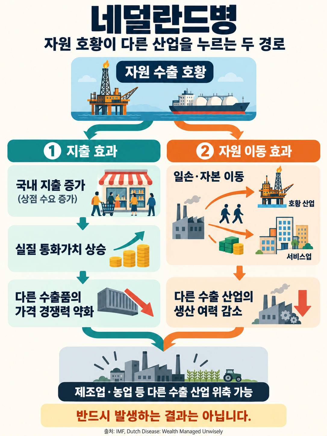 자원 수출 호황이 지출 증가와 일손·자본 이동의 두 경로로 다른 수출 산업을 위축시킬 수 있음을 보여 주는 도식. 지출 증가는 실질 통화가치 상승과 가격 경쟁력 약화로 이어질 수 있다.